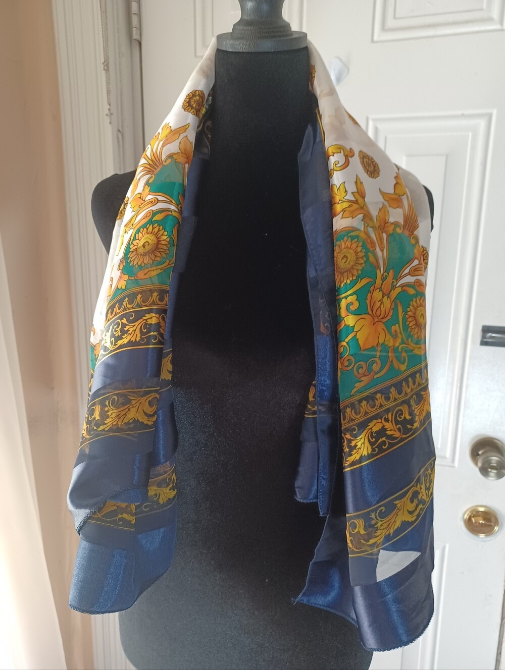 Decorative Blue and Gold Floral Silk-Feel Scarf